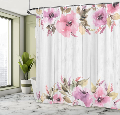 Ambesonne Farmhouse Shower Curtain, Watercolor Classic Geranium Petals, Cloth Fabric Bathroom Decor Set
