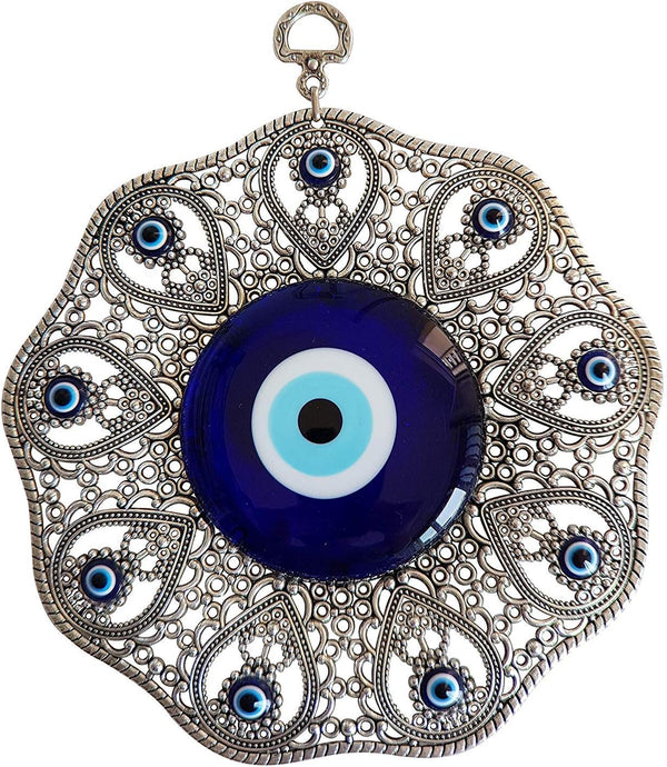 Turkish Glass Blue Evil Eye Wall Hanging Ornament - Metal Home Decor Amulet for Protection and Good Luck Gift