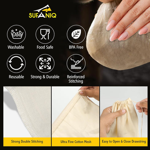 2 (12 12 Inch) 100% SUFANIQ Nut Milk Bag - Bags x Unbleached Cotton Cheese Cloth Bag for Straining, Premium Nut Milk