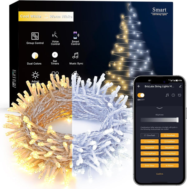 Brizled Smart Christmas Lights, 66FT 200 LED Warm White & Cool White