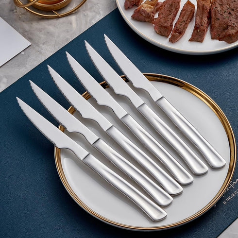 Silver Steak Knife Set, 6 Piece Stainless Steel Kitchen Utility Knives, 8.7-inch Serrated Dinner Knives