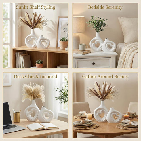 Set 2, 8.5in White Heart Shaped Hollow Ceramic Vase of Modern Nordic Boho Style Vases Home Decor for Table Centerpiece