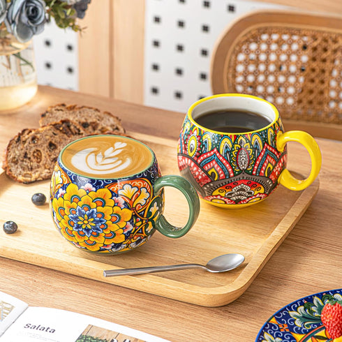 Set 6, 20 oz Henten Home Ceramic Coffee Mug of Colorful Coffee Cup with Handle, Boho Porcelian Mug for Cappuccino