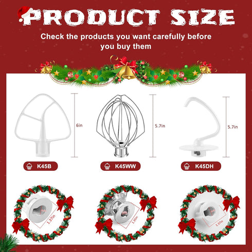 Kitchen Mixers Accessories 3-Piece Set Including K45DH Dough Hook, K45B Coated Flat Blade Paddle & K45WW Wire Whip for