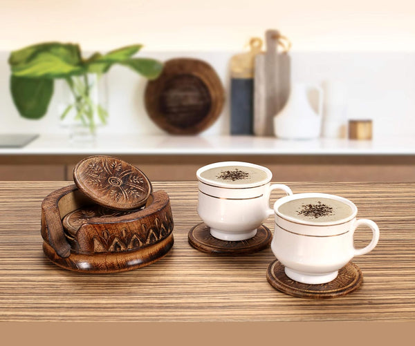 Set 6 Handmade Wooden Coaster of with Lotus Shaped Holder Rustic Drink Coasters for Tea, Coffee, Wine, Bar & Home Decor