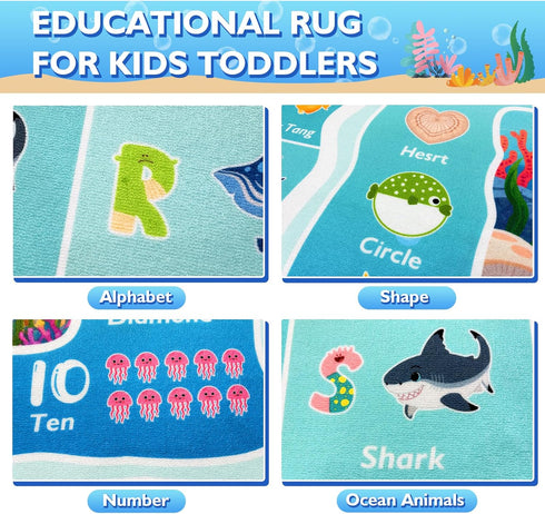 5x7ft ABC Kids Ocean Rug for Playroom, Alphabet Classroom Rug, Educational Kids Play Mat with Number Shape Animal
