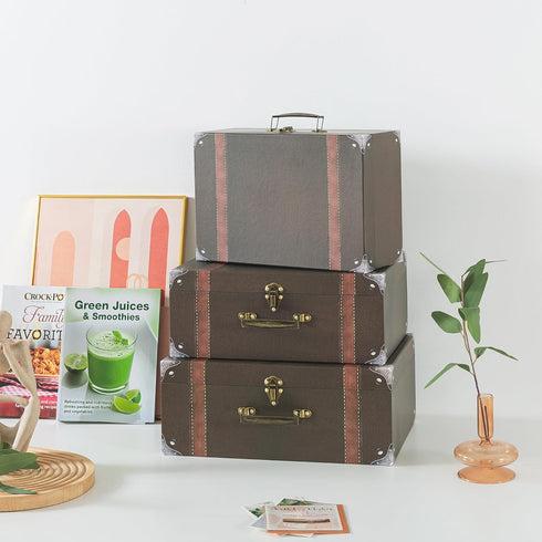 Soul & Lane Set of 3 Cardboard Suitcase Boxes with Handle, Brown Travel-Themed Paperboard Boxes for Decoration