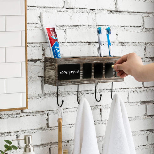 4 4 MyGift Wall Mounted Solid Torched Wood Bathroom Accessory Holder and Towel Hook Rack, Toothbrush Holder Shelf Rack