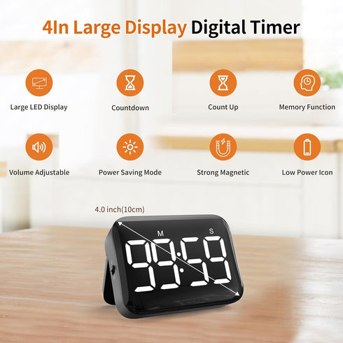 VOCOO Magnetic Kitchen Timer for Cooking with Count Up Countdown, Digital Timer Battery Powered with Large Display, 2 Brightness and Volume Levels for Classroom, Teacher, Kids (Dark Black) by VOCOO