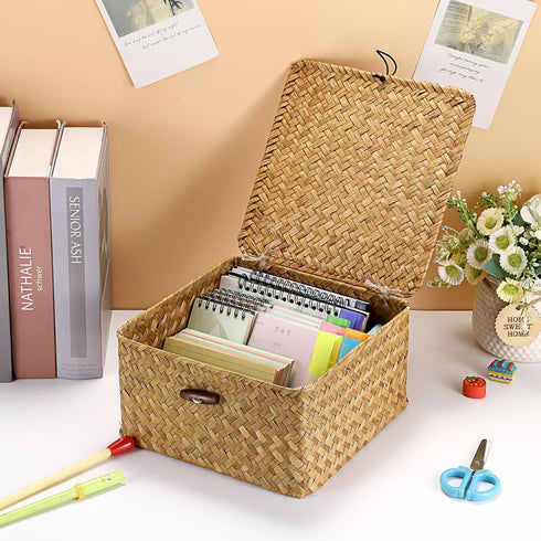 Hipiwe Wicker Shelf Basket Bin with Lid Square Handwoven Seagrass Box Decorative Household Storage Container