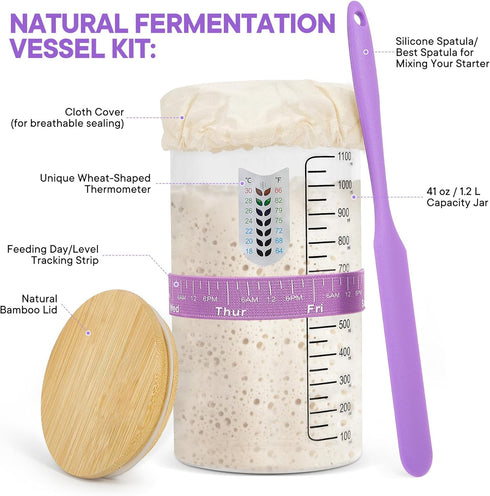41OZ 2 Sourdough Starter Kit - Glass Starter Jar, Cotton Rope Banneton Bread Proofing Basket, Sour Dough Kit Tools