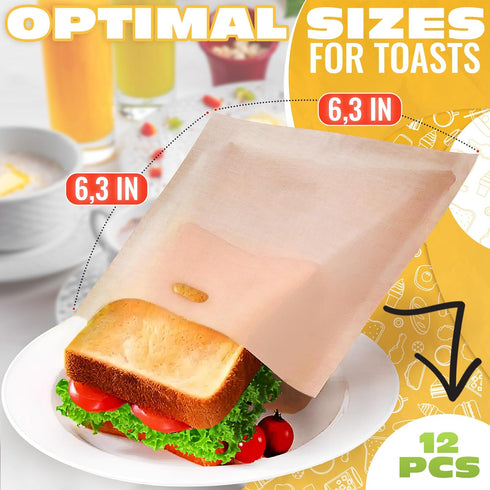 12Pcs Reusable Non-Stick Toaster Bags, 6.7"x7.5", Heat-Resistant, Easy to Clean, Compatible with Toaster, Oven,