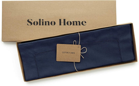 Solino Home Navy Placemats Set of 4, Cotton Linen Hemstitch Placemats 14 x 19 Inch for Summer, Fall