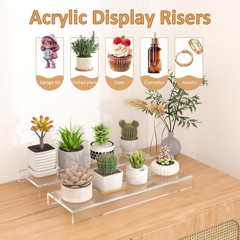 12x3.9x1 pack 2, 12 12x3.9x1 Inch Sezanrpt Acrylic Shelf Riser of Clear Display Shelf for Shoes, Glasses, Plants, Home