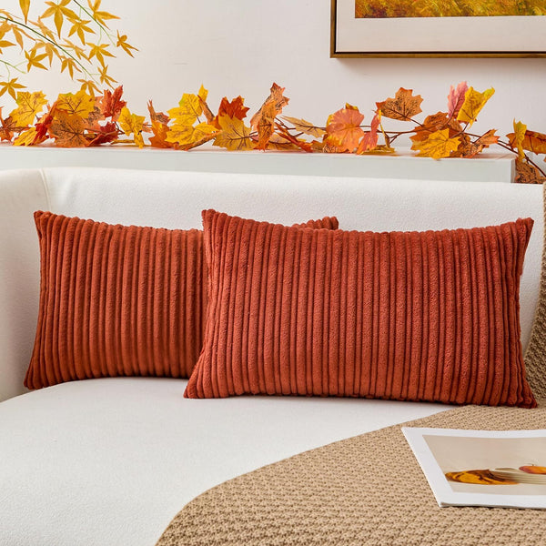 Kevin Textile Fall Lumbar Pillow Covers, Solid Striped Velvet Corduroy Cushion Cover, 12 x 20, 2 Pack, Burnt Brick