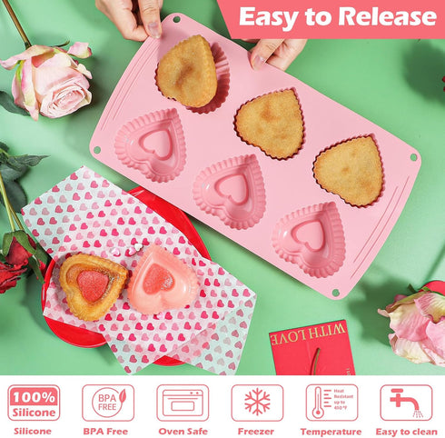 Webake Silicone Heart Cake Mold, 6-Cavity Mini Heart Shaped Cake Pans, Pack of 2