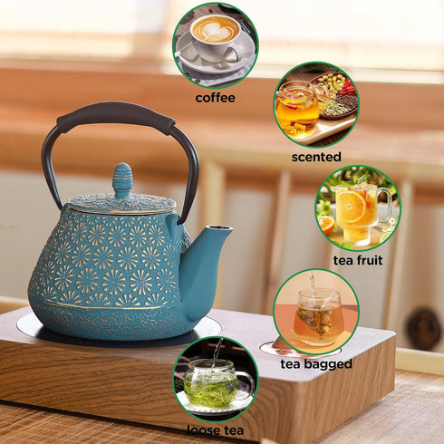 32oz 950ml Cast Iron Teapot, Japanese Sakura Blossom Pattern Tea Kettle, Stovetop Safe, Infuser for Loose Leaf