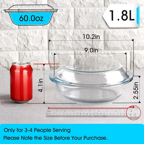 Mini-9 inch (60 OZ) Round Glass Casserole Dish With Glass Lid, Round Oven Safe Glass Bakeware with Handles (1.9 QT) by NUTRIUPS