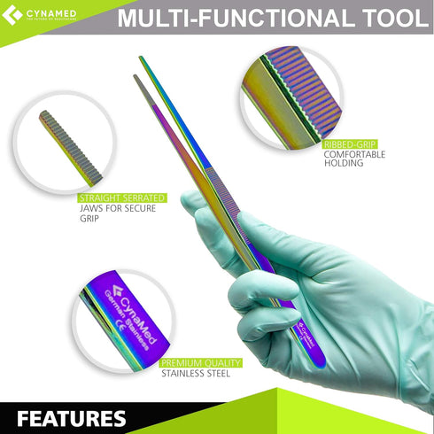 Cynamed 10” Kitchen Premium Tongs Tweezers, Stainless Steel with Precision Serrated Tips (Rainbow)