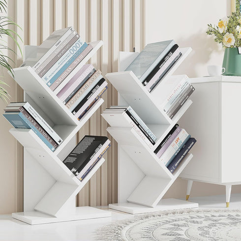 4 UHBC014W YMYNY Tier Tree Bookshelf, Small Bookcase, Modern Wood Book Storage Rack, Freestanding Book Shelf