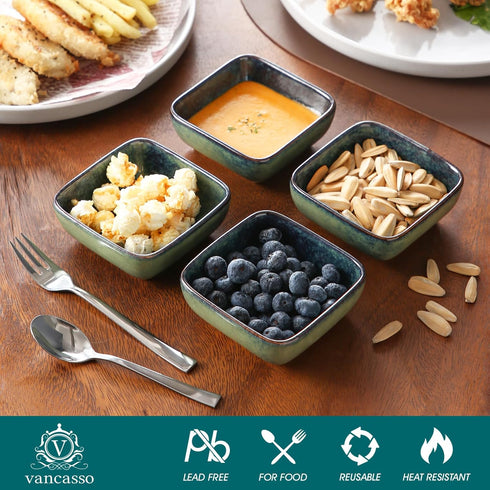 vancasso Stern 6 Oz Dipping Bowls, 3.7 Inches Ceramic Soy Sauce Dish, Set of 4 Small Appetizer Plates, Green