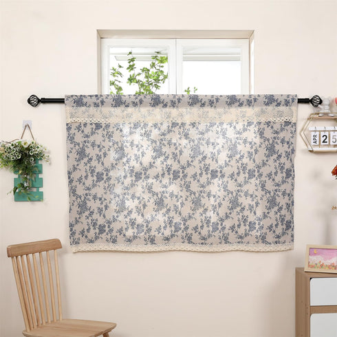 Farmhouse Cotton Linen Tier Curtain, 36 Inch Long Floral Lace Window Treatment, Vintage Orchid on Beige