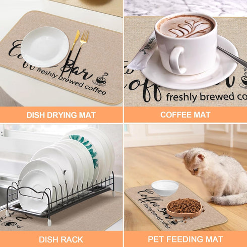 Dish Drying Mat, 16"x24" Absorbent Coffee Bar Mat for Countertops, Coffee Cup Pattern for Kitchen Counter Coffee Maker