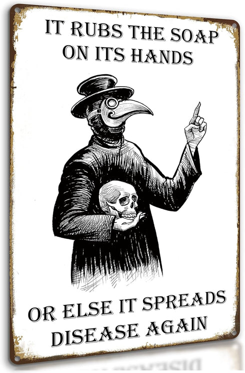 HIDEGRASS Wash Your Hand Plague Doctor Gothic Decor Wall Art Tin Sign for Bathroom or Bedroom 8 X 12 Inch