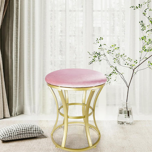 Velvet Round Vanity Stool,Pink Velvet Footrest Ottoman Foot Stool Seat with Golden Metal Legs,Makeup Chair for Bathroom