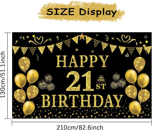 Trgowaul 21st Birthday Decorations for Her Him, Black Gold 21st Birthday Backdrop Banner, Party Supplies Photography