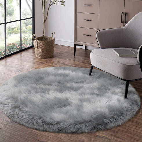 Grey Faux Fur Rug - Fluffy Round Rug for Bedroom, Kids Room, 3X3 Soft Gray Shag Circular Carpet for Nursery