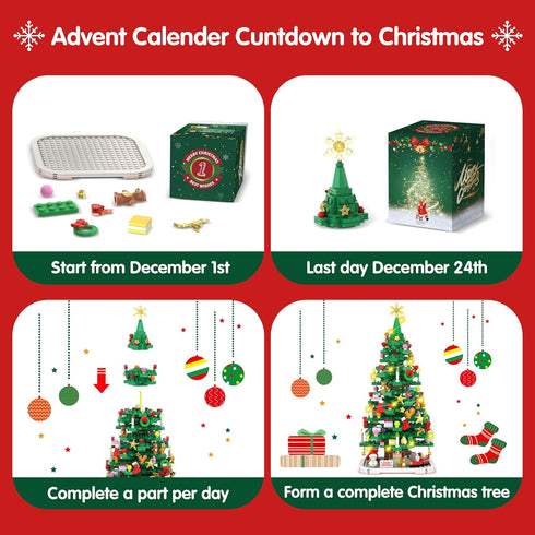 Advent Calendar 2024 - Christmas Tree Building Toy Set with LED Light, 1102 Pieces