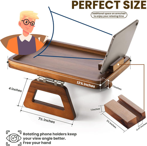 Drink(13.8" 9.5" 1") Tinamo Acacia Wood Sofa Armrest Tray with Phone Holder - Large Sofa Arm Tray Table Clip - Couch