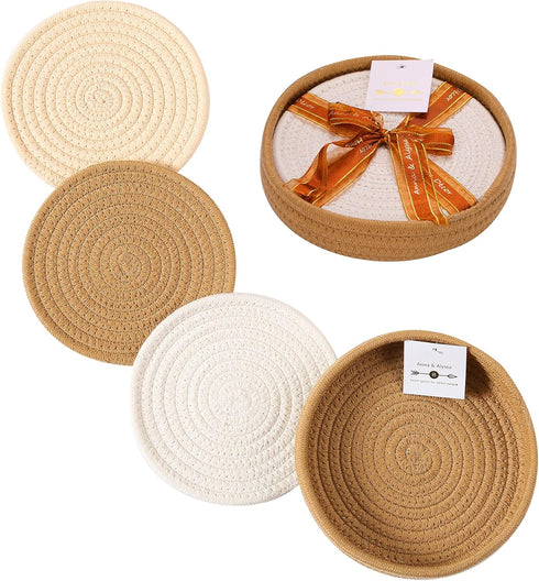 Woven Cotton Trivet Set with Holder, Hot Pads for Table, Farmhouse Kitchen Counter Decor (Brown)