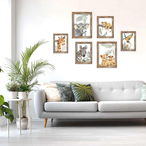 Set 6 HLJ ART Safari Animal Wall Art Print for Boys and Girls: Jungle Nursery Pictures Framed of for Baby Room Decor