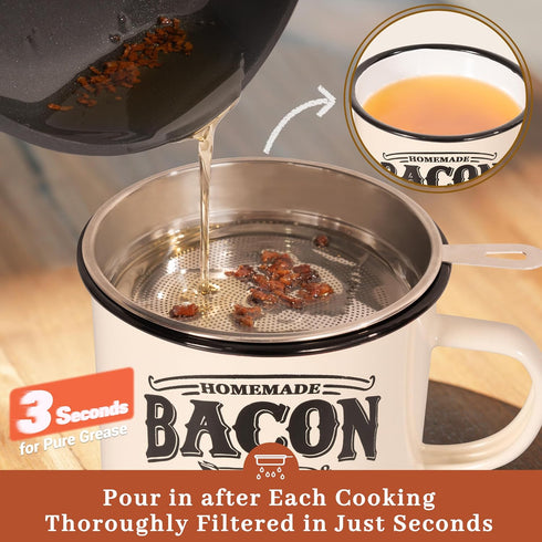 Bacon Grease Container with Strainer - 24oz Enamel Rustic Farmhouse Fat Keeper with Food-Grade Silicone Spatula