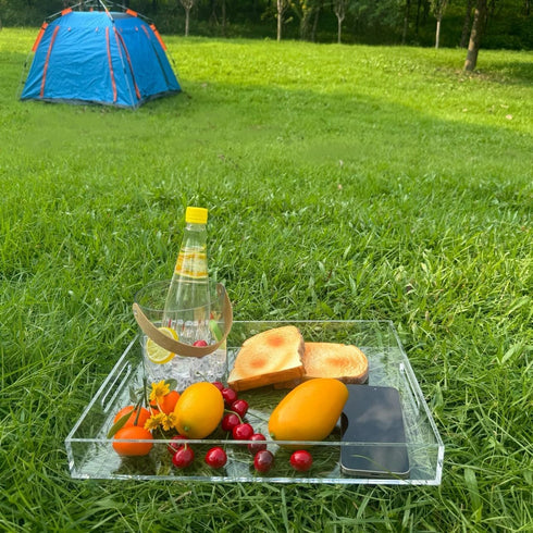 Clear Sturdy Acrylic Serving Tray with Handles, 12x16 Inch, Kitchen Countertop, Makeup Drawer Organizer