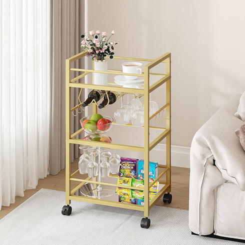 Bar Cart, Serving Cart for Home, Microwave Cart, Drink Cart, Mobile Kitchen Shelf with Wine Rack and Glass Holder