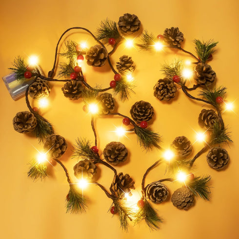 2 PCS Christmas Garland with Lights and Bigger Pine Cones, Led String
