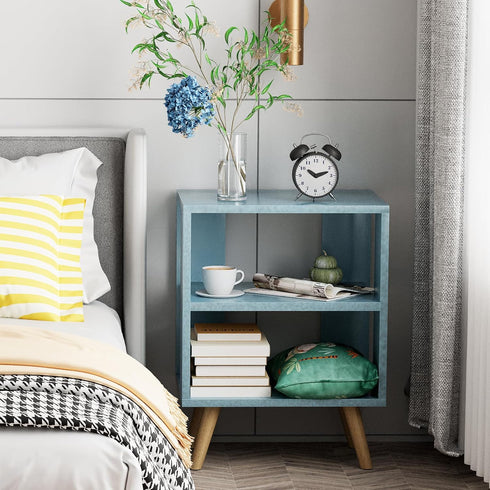 2-Tier Aenuert Night Stand, Blue Kids Nightstand, Modern End Table with Open Storage, Nursery Bedside Table for Small