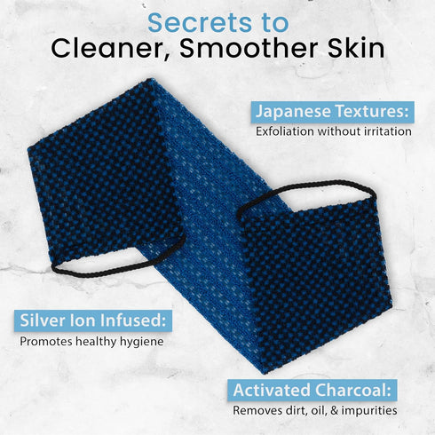 Japanese Exfoliating Washcloth for Back & Body - Charcoal & Silver Ion Exfoliating Towel with Handles - Two-Sided