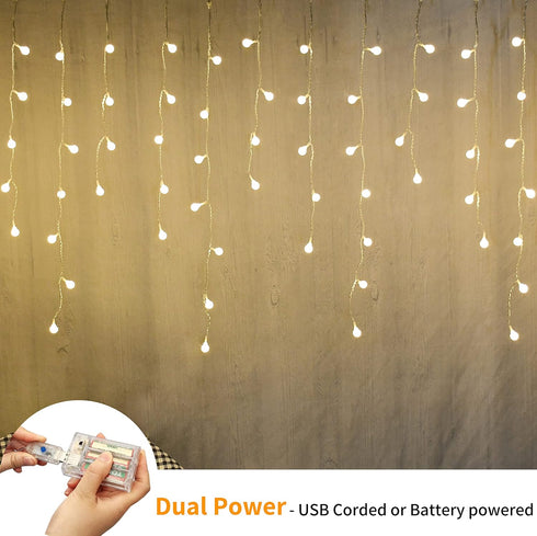 13ft 96 YOLIGHT Fairy Curtain Lights, USB/Battery Powered Ball Icicle Light LED Globe String Hanging Lights for Bedroom