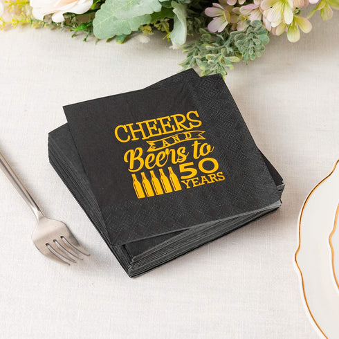 Crisky Cheers to 50 Years - 50th Birthday Napkins, Black and Gold, 50 PCS, 3-Ply