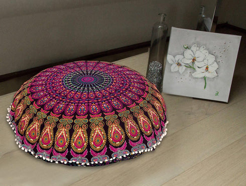 32" Purple Mandala Floor Pillow Cushion, Hippie Decorative Bohemian Ottoman Poufs, Pom Pom Pillow Cases, Boho Indian