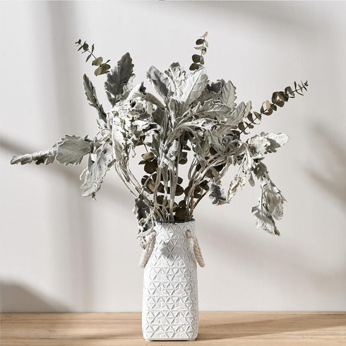 7 inch Vaseking Elegant White Petite Vase, Ceramic Modern Minimalism Geometric Texture Purse Vase with Hanging Rope