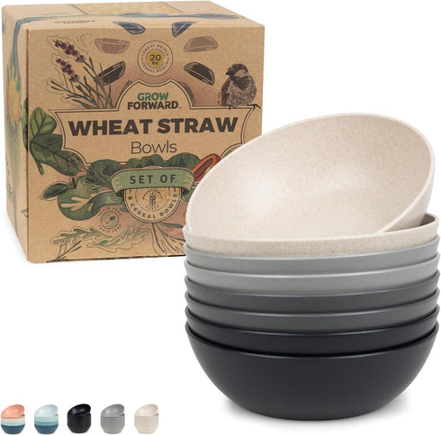 Grow Forward Premium Wheat Straw Bowls Set of 8 - Reusable 20oz Hard Plastic Bowls for Kitchen, Camping, Ramen,
