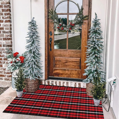 LEEVAN Buffalo Plaid Front Door Mat 24"x 51", Cotton Checkered, Washable, Outdoor Doormat for Kitchen, Bathroom