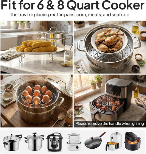 18 6qt/8qt 2-in-1 Stackable Egg Steamer Rack Holds Eggs with Handles, Stainless Steel Instant Pot Trivet Fits Pressure