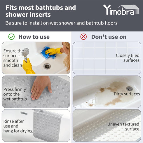 40"x16", Yimobra Non Slip Bathtub Mat Super Strong Suction Cups, Extra Long Shower Mat with Drain Holes, Machine