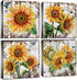 Sunflower Wall Art Bathroom Decor - Rustic Kitchen Yellow Flower Canvas Prints, 12x12" 4Pcs